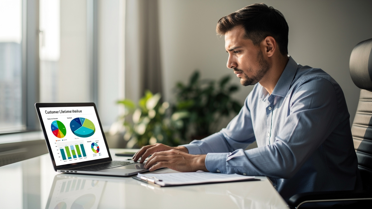 Empreendedor analisando gráficos de LTV em laptop em escritório moderno com luz natural