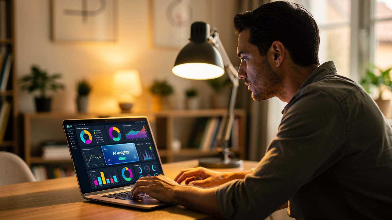 Empreendedor brasileiro usando painel de inteligência artificial no computador em home office