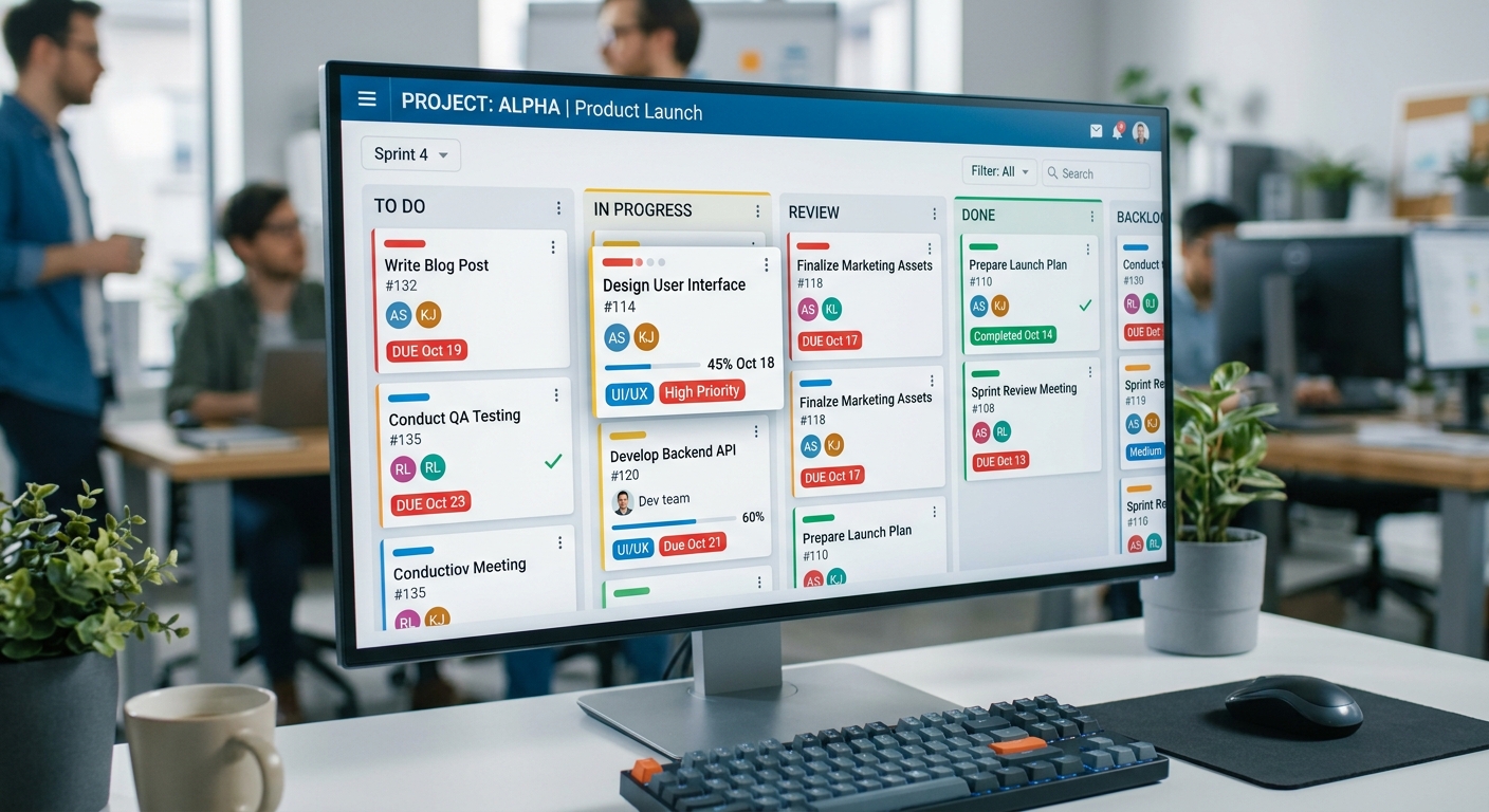 Quadro de gerenciamento de projetos, destacando tarefas e prazos para a equipe de marketing