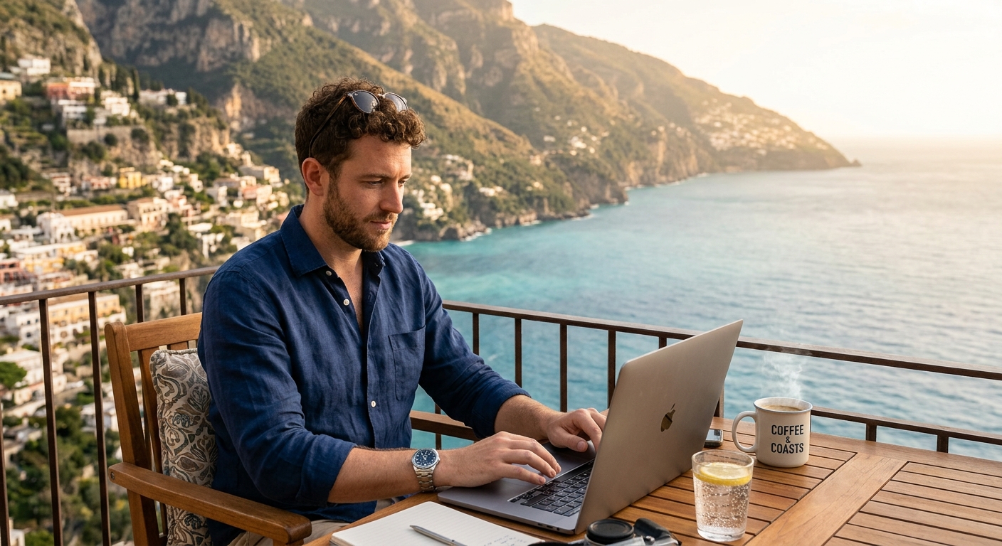 Profissional trabalhando em um local bonito, balanceando trabalho e lazer em uma cidade média