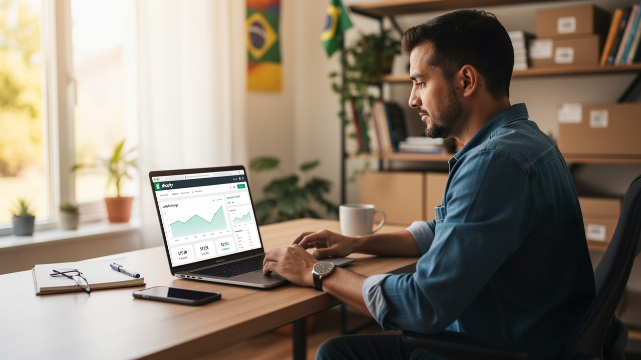 Lojista brasileiro analisando painel de analytics da Shopify em notebook no escritório