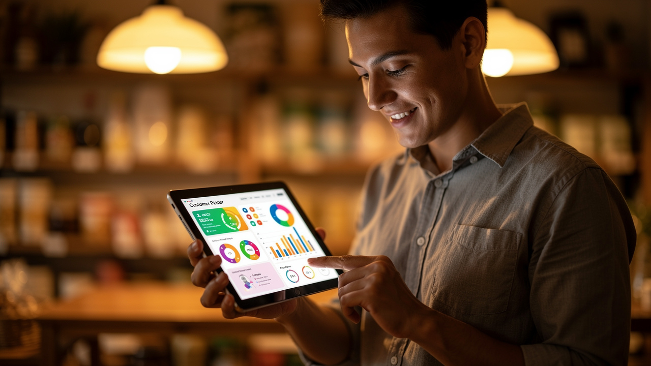 Proprietário de negócio conferindo métricas de retenção de clientes em tablet com luz quente