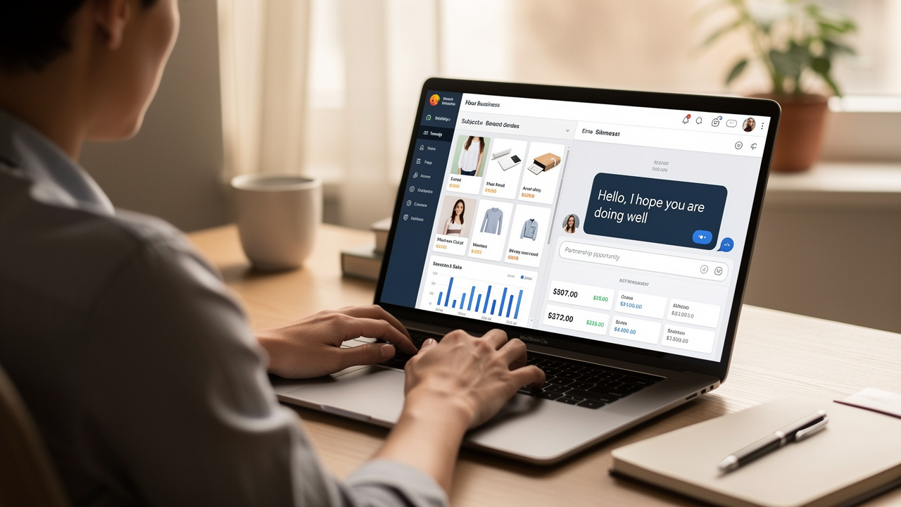 Profissional enviando mensagem de proposta para lojista de e-commerce pequeno