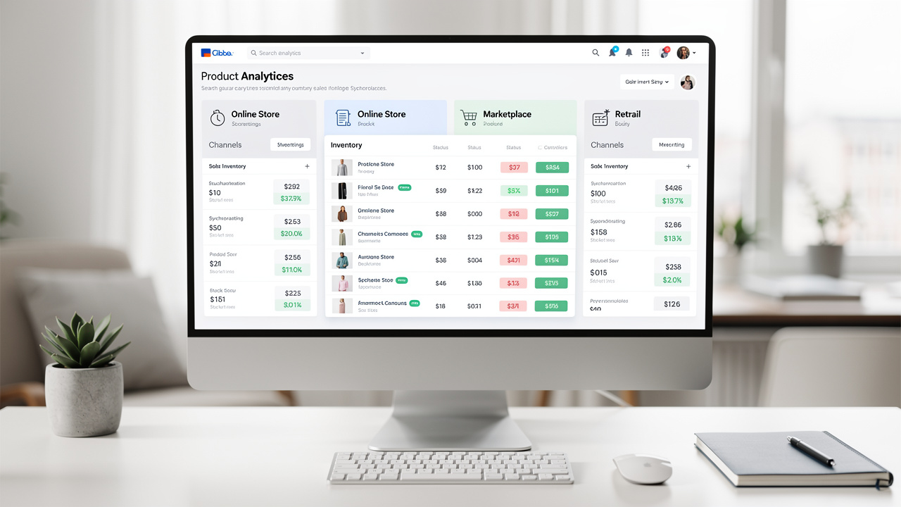 Painel de controle de e-commerce moderno mostrando o estoque de produtos sincronizado em diferentes canais online.