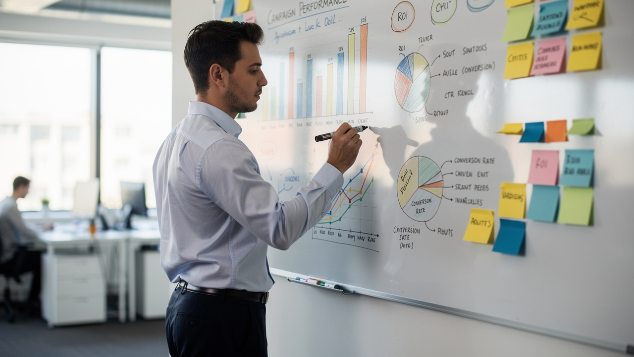 Analista de marketing anotando métricas de desempenho de campanha em quadro branco