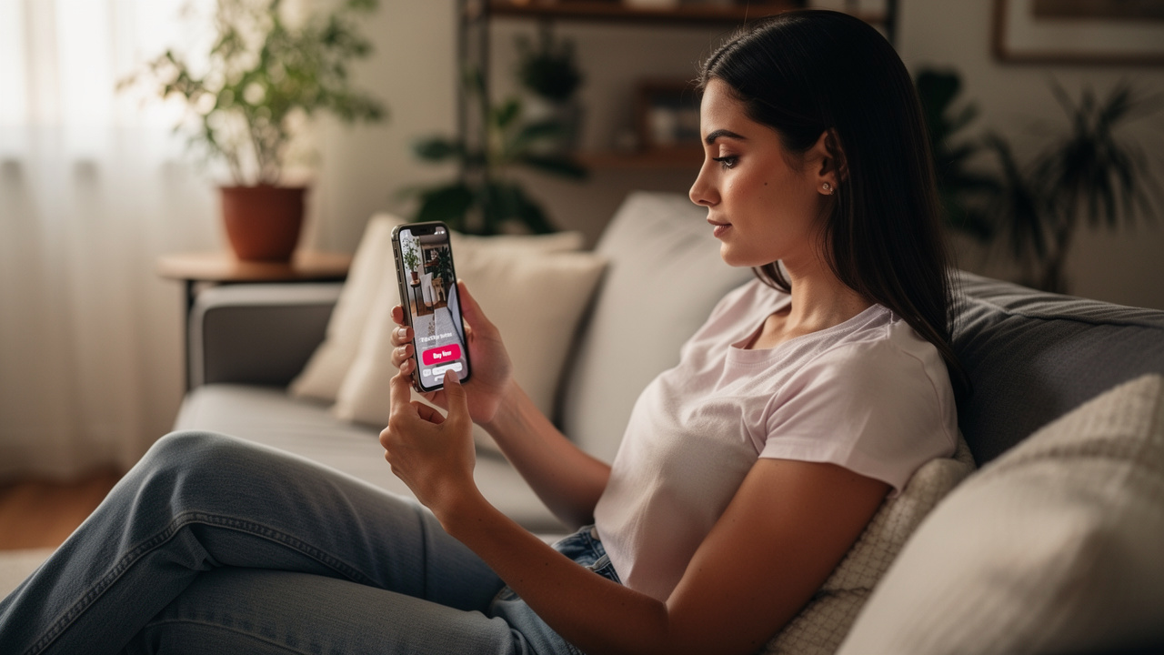 Jovem brasileira assistindo vídeo no TikTok e comprando pelo celular em casa
