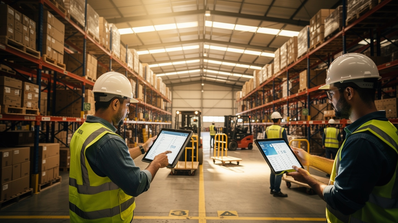 Trabalhadores em galpão industrial brasileiro gerenciando pedidos digitais em tablets