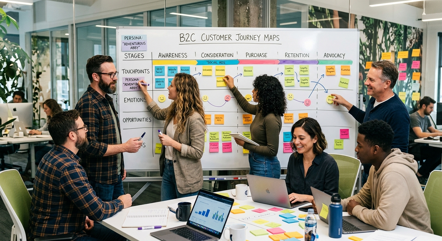 Equipe de marketing fazendo brainstorming em um quadro branco com notas adesivas coloridas sobre a jornada do cliente B2C