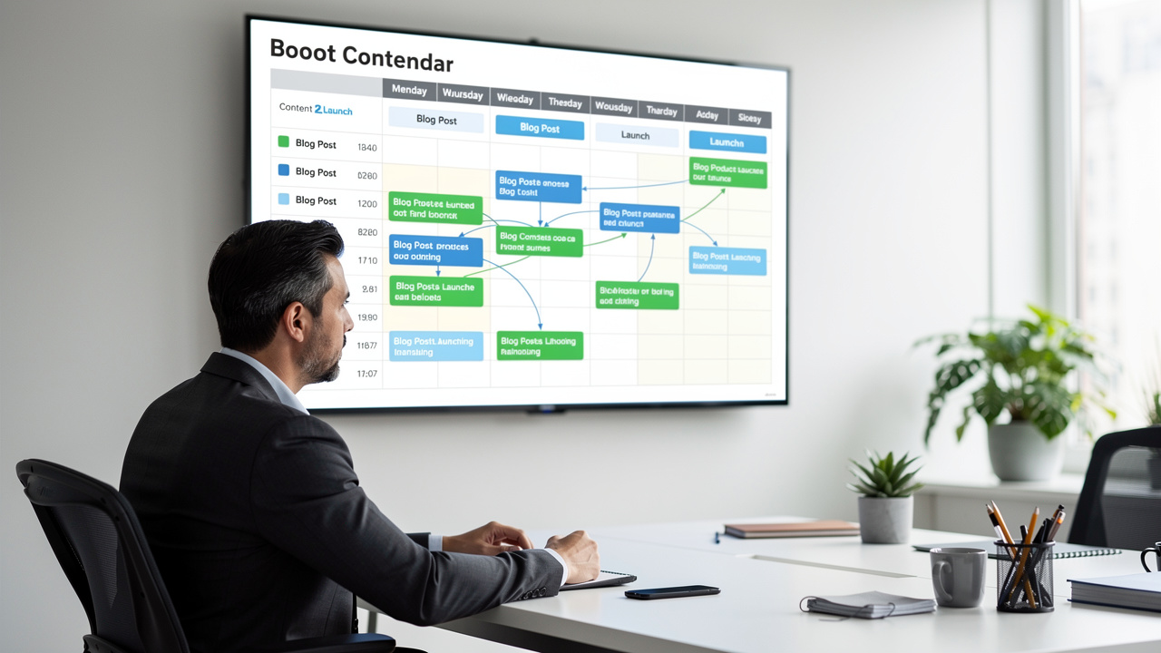 Gerente de marketing analisando um calendário de conteúdo digital em uma tela grande em um escritório moderno e organizado.
