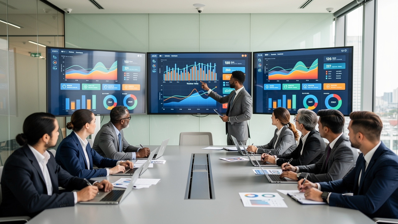 Equipe de negócios analisando dashboards estratégicos em sala de reunião moderna