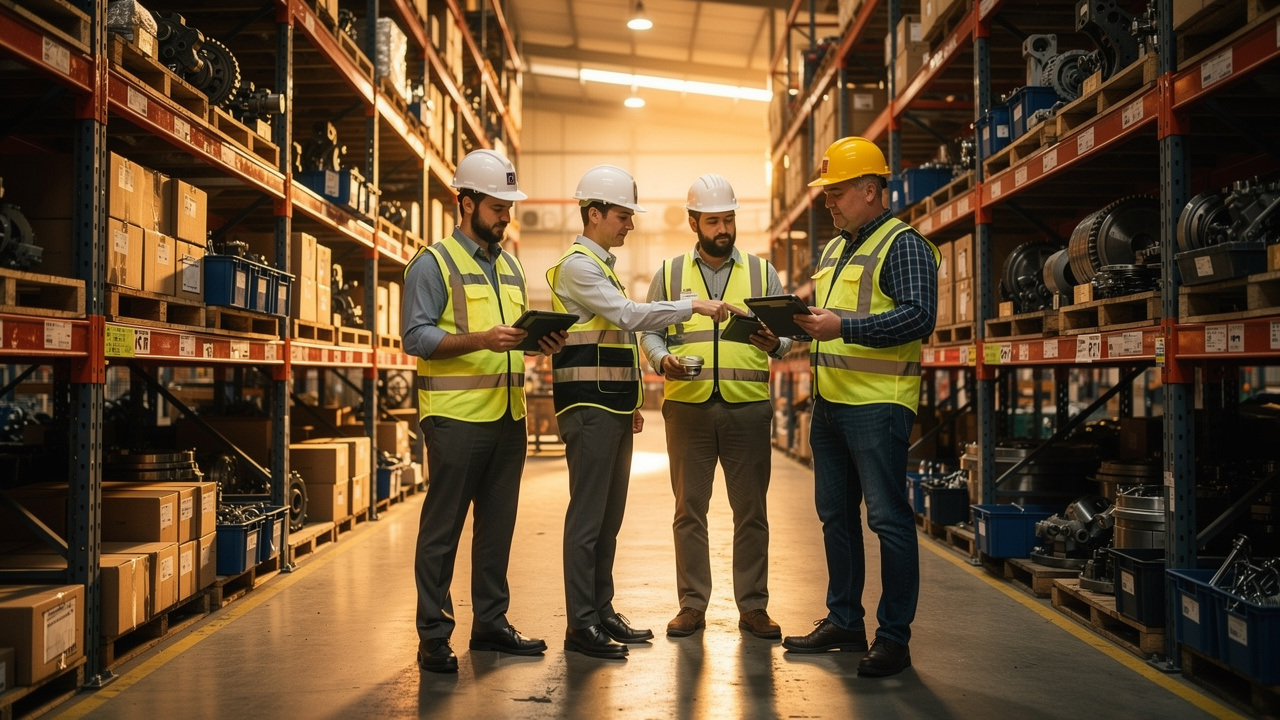 Equipe industrial verificando inventário em tablets dentro de armazém com prateleiras de componentes