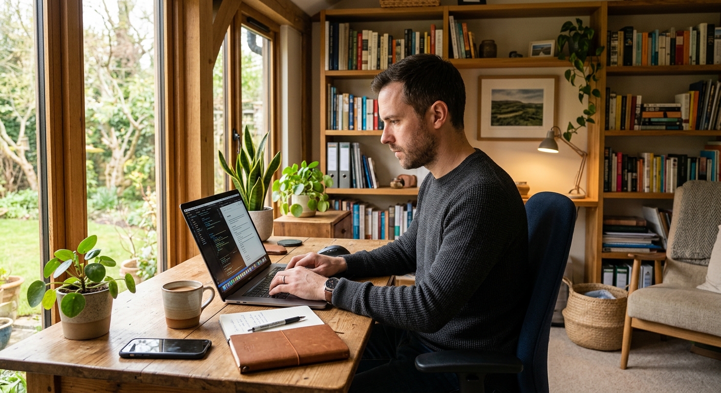 Homem trabalhando em casa, concentrado em seu projeto de negócio digital