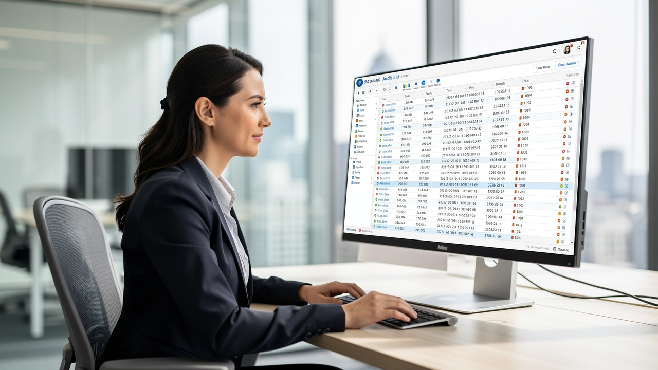 Profissional analisando trilha de auditoria digital em monitor de escritório corporativo