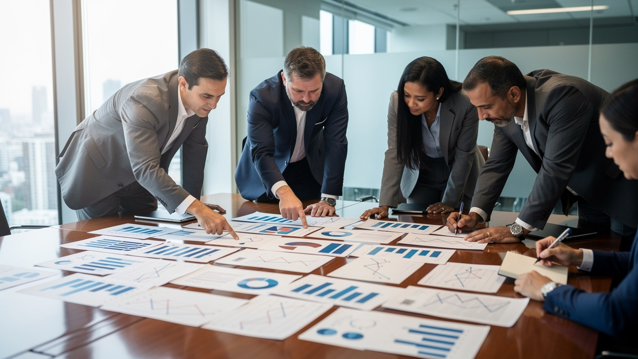 Equipe de gestores analisando gráficos impressos em reunião de planejamento estratégico