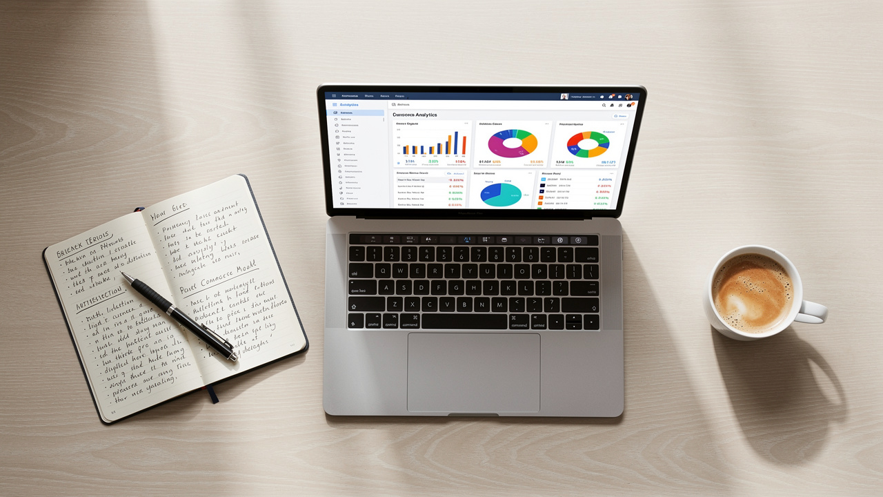 Mesa de trabalho vista de cima com notebook exibindo painel de e-commerce e anotações