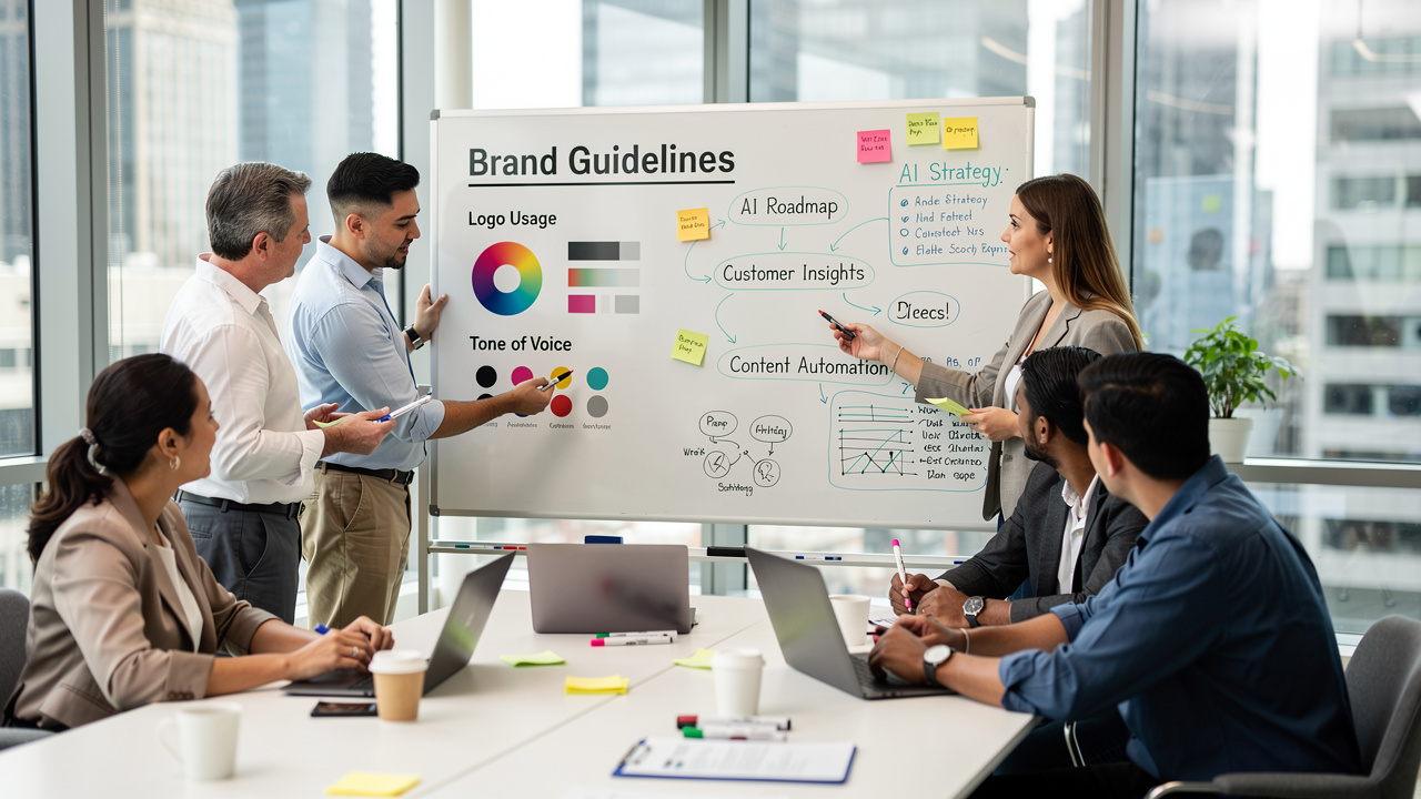 Equipe de marketing discutindo diretrizes de marca em quadro branco com anotações