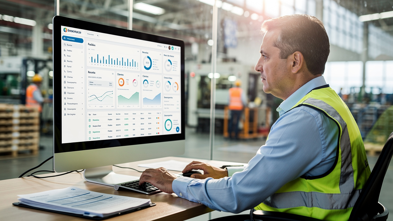 Gerente industrial brasileiro analisando painel de e-commerce B2B em escritório de fábrica