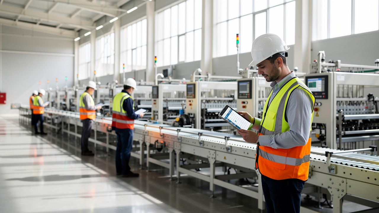 Trabalhadores verificando inventário em tablets em linha de produção industrial moderna