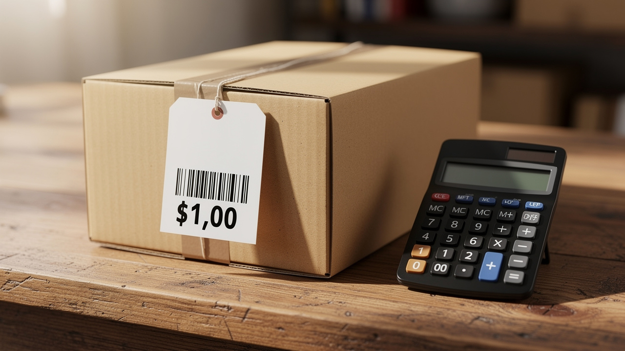 Caixa de entrega com etiqueta de preço e calculadora em mesa de madeira, logística e-commerce