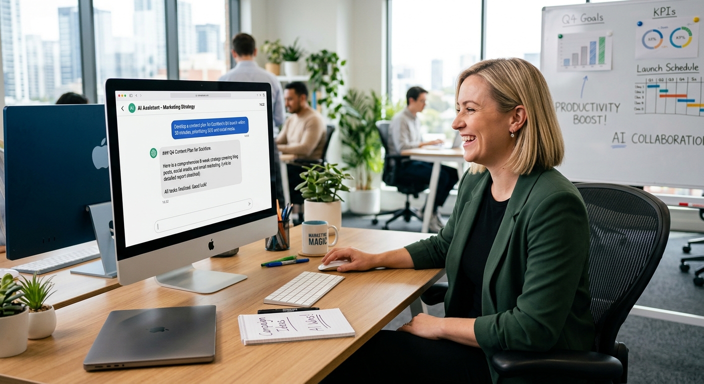 Consultor de marketing em uma mesa moderna, com expressão de alívio ao usar uma interface de chat com IA em seu computador.