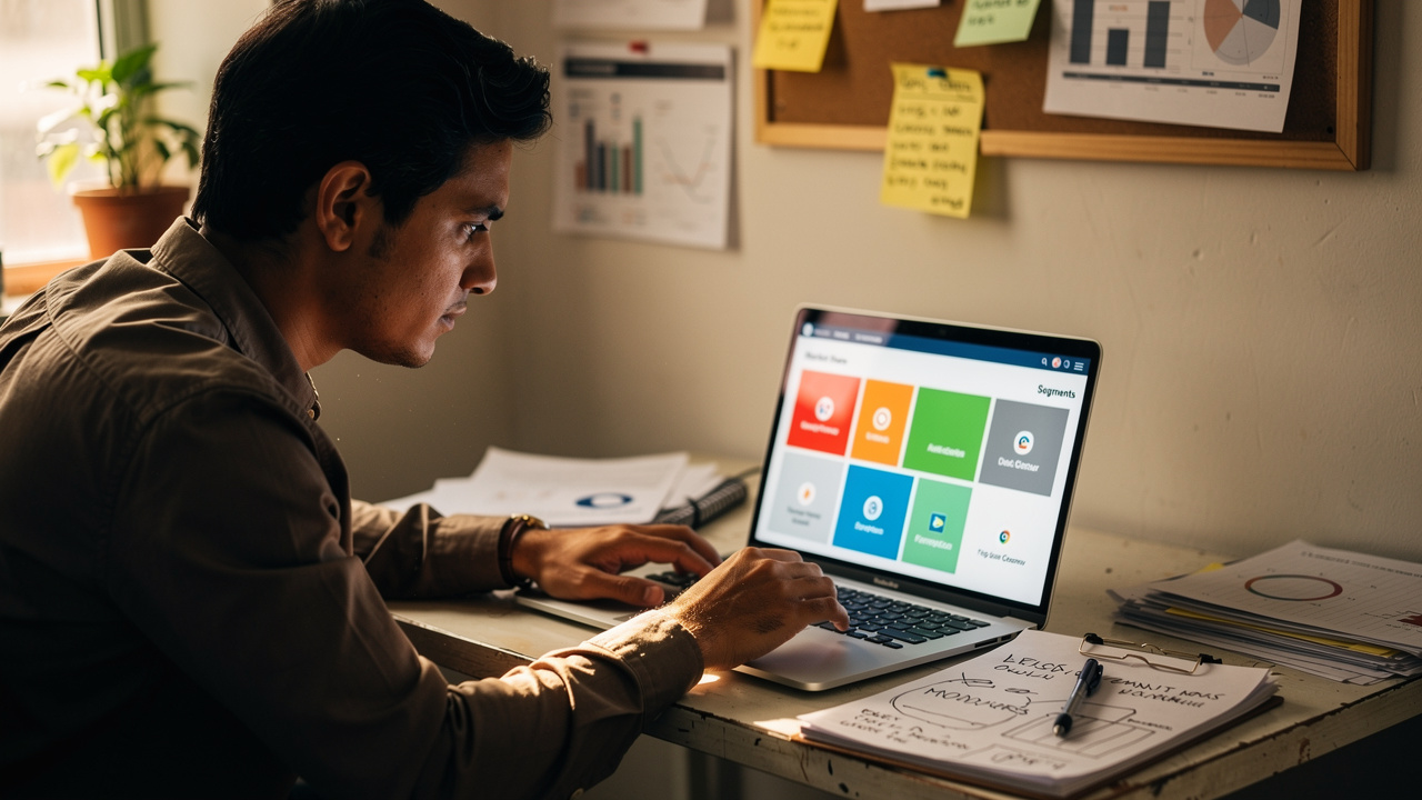 Empreendedor brasileiro analisando mapa competitivo em laptop em escritório pequeno