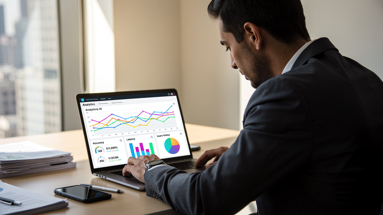 Empreendedor analisando dashboard de inteligência artificial em escritório moderno com luz natural