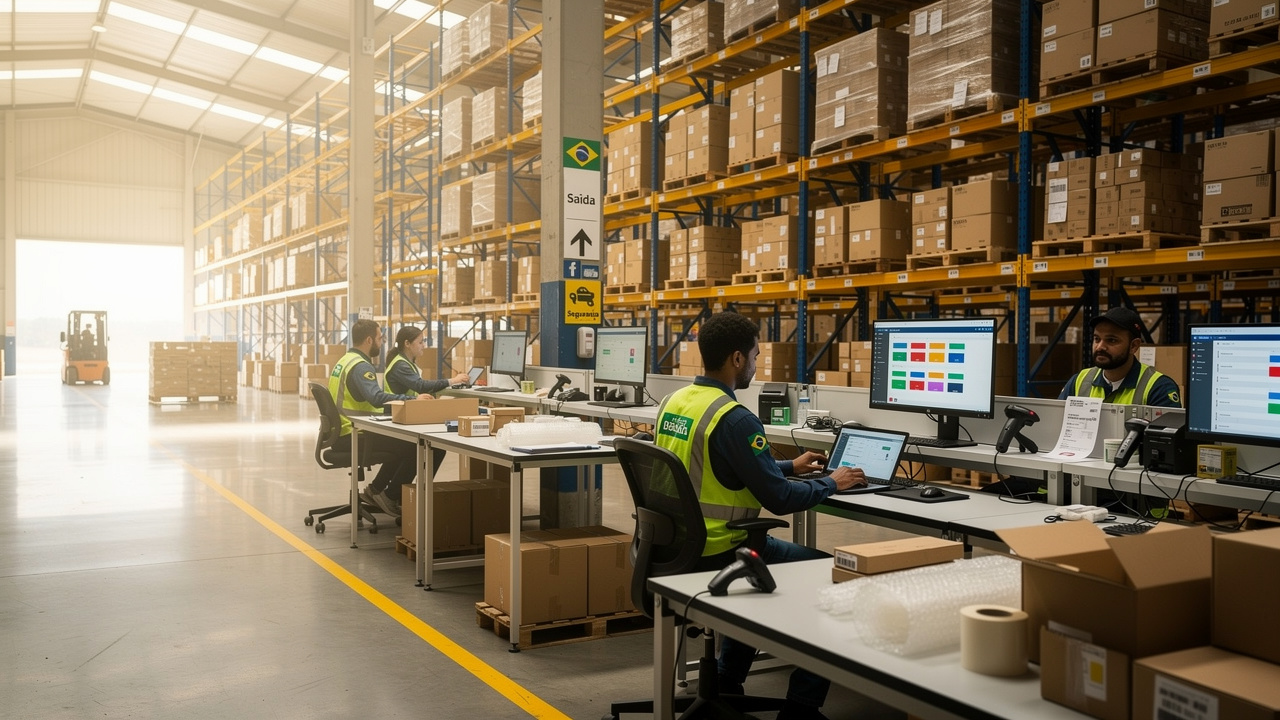 Trabalhadores em galpão industrial brasileiro usando tablets para gerenciar pedidos online