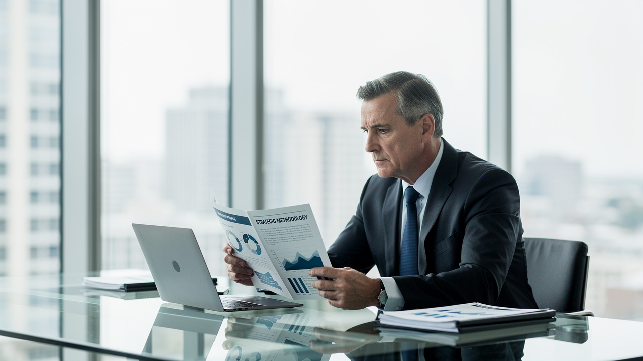 Executivo sênior revisando relatório de metodologia estratégica em escritório corporativo iluminado