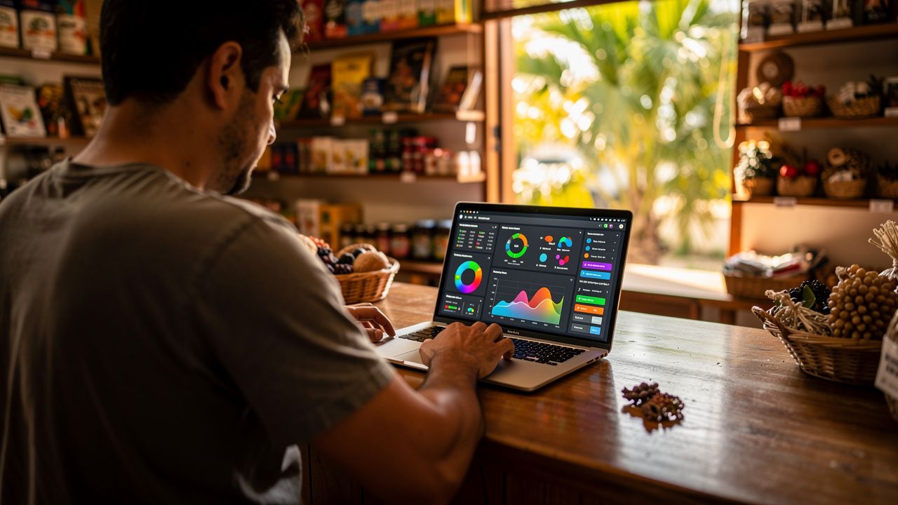 Dono de pequena empresa brasileiro usando software de IA em laptop dentro de loja