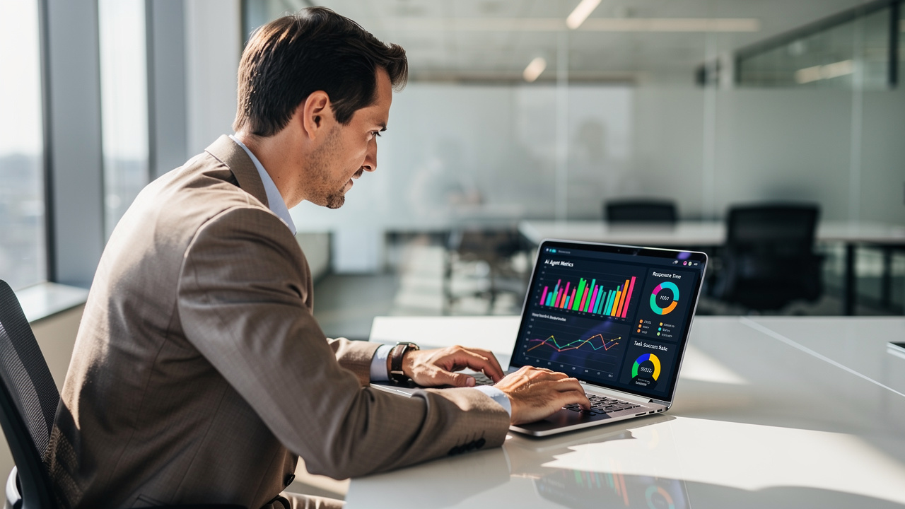 Gestor analisando painel de agentes de IA em notebook em escritório moderno