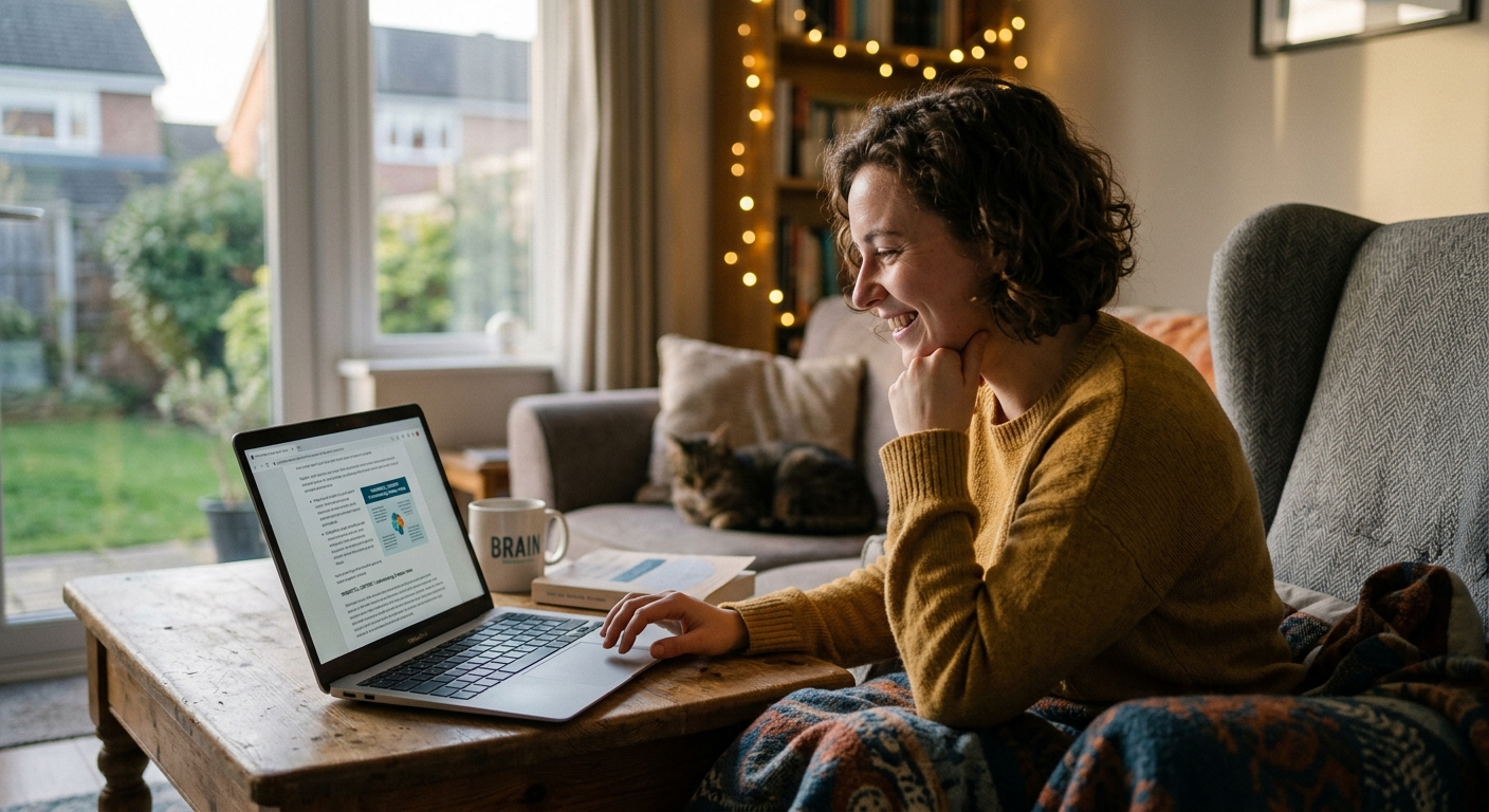 Leitor satisfeito apreciando conteúdo relevante em um laptop, ambiente descontraído e alegre