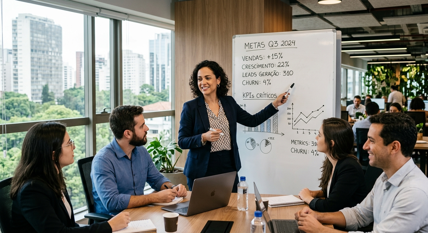 Gestor apresentando indicadores de desempenho em quadro branco para equipe em escritório