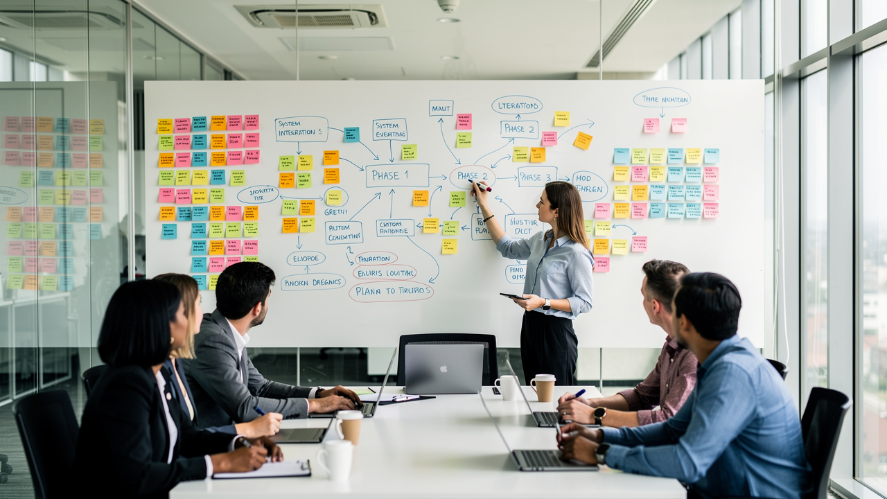 Equipe de marketing planejando integração de sistemas em quadro branco com post-its e diagramas