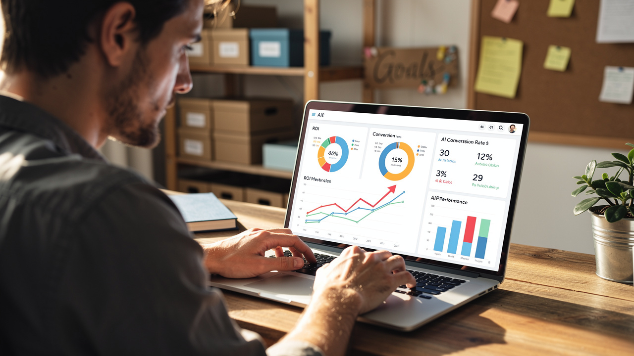 Empreendedor analisando gráficos de retorno sobre investimento em inteligência artificial no laptop