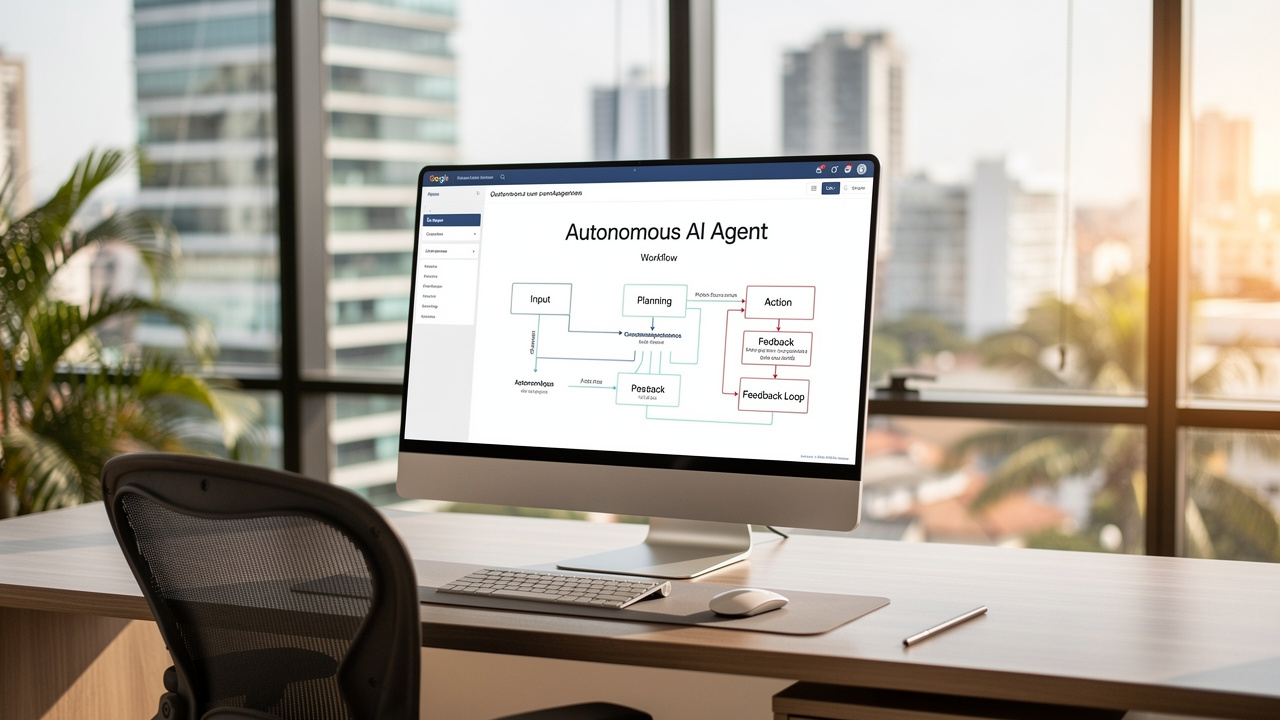 Tela de computador mostrando fluxo de agente autônomo de IA em escritório moderno