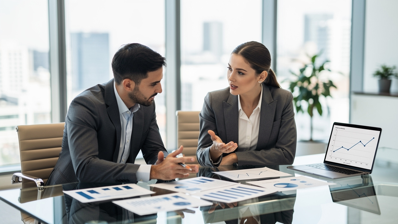 Dois profissionais de negócios analisando gráficos juntos em sala de reunião moderna