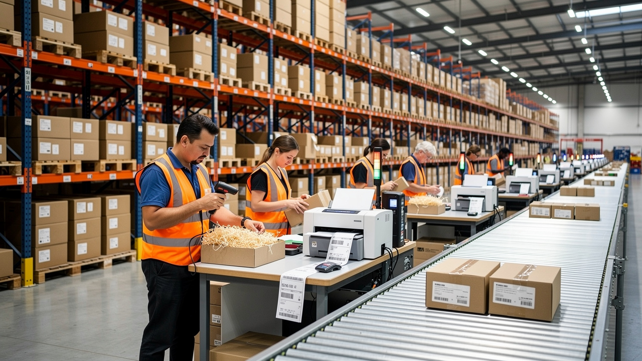 Armazém de e-commerce organizado com processo de embalagem eficiente e funcionários trabalhando