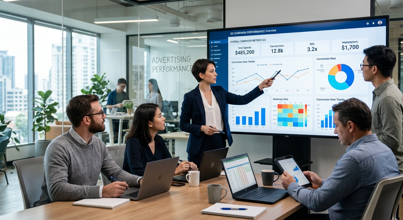 Equipe de marketing analisando dashboard de performance de campanha em monitor grande