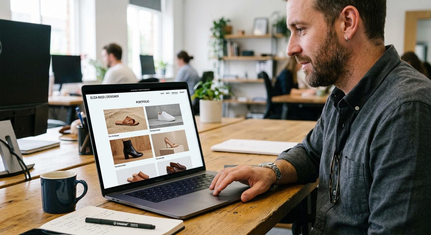 Gerente de e-commerce analisando portfólio online de um designer em um notebook com fotos de produtos