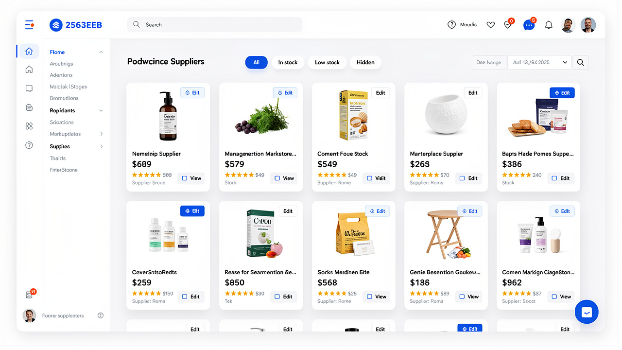 Painel de gestão mostrando produtos de múltiplos fornecedores organizados em interface limpa de e-commerce