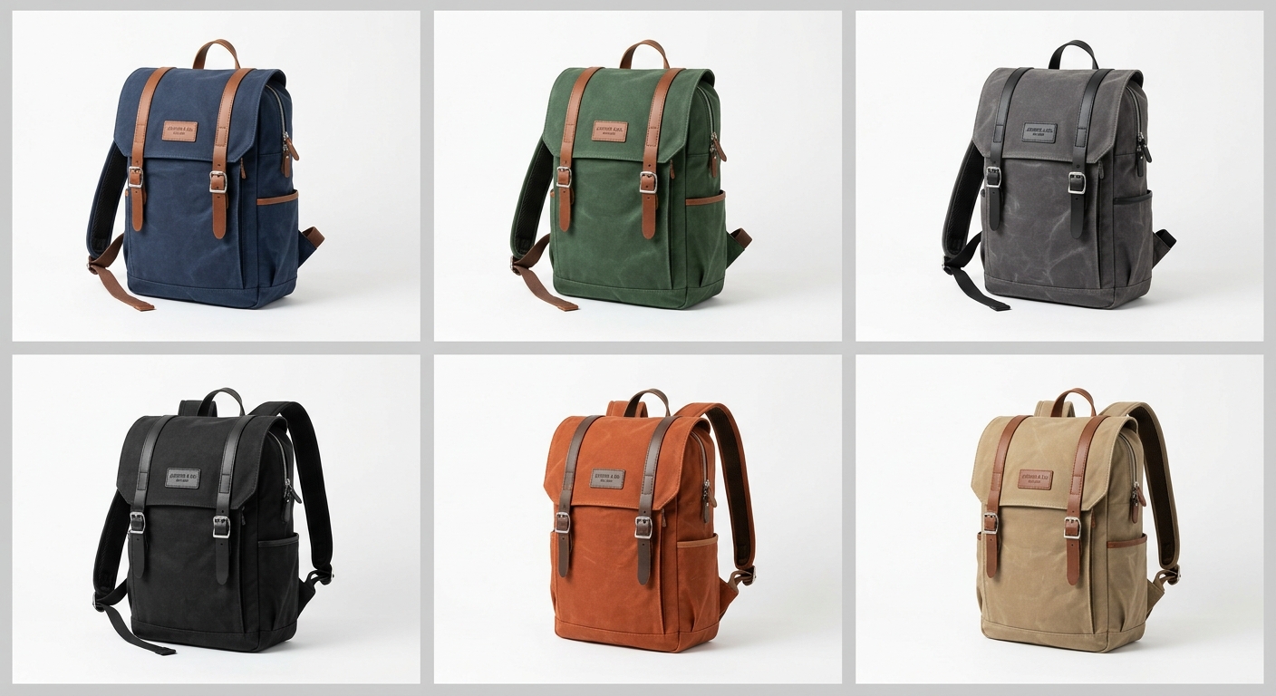 Grade de seis fotos de mochila em cores diferentes com fundo branco e iluminação consistente