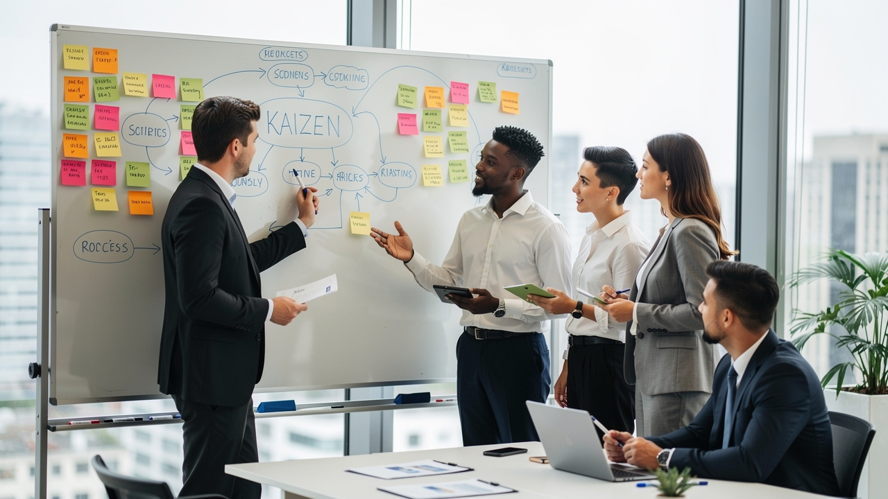 Equipe reunida em sessão de kaizen anotando melhorias em quadro branco de escritório