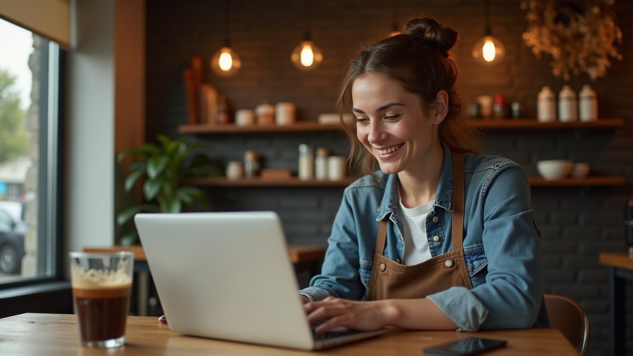 Dono de uma cafeteria local sorrindo ao usar o notebook para gerenciar as redes sociais do negócio.