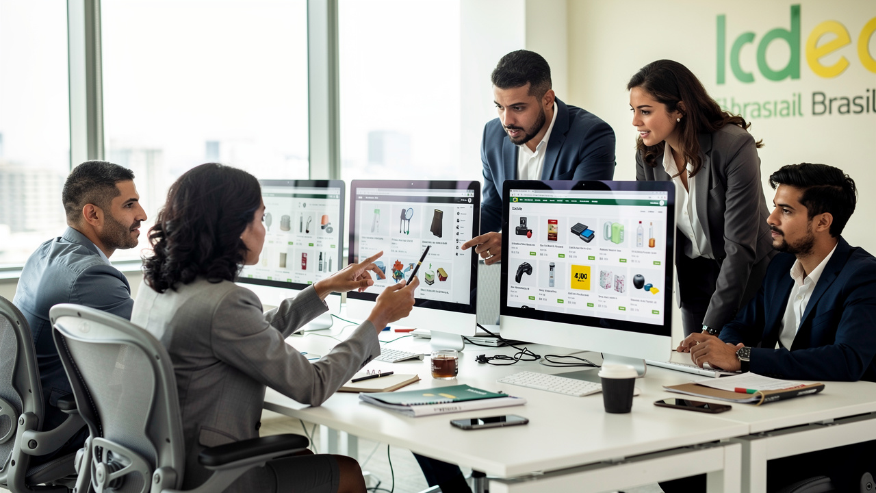 Equipe de e-commerce analisando páginas de produto em monitores num escritório moderno