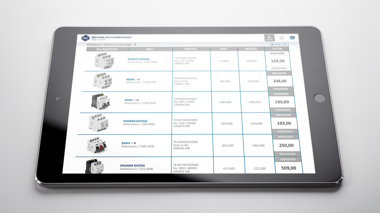 Tablet exibindo catálogo técnico digital industrial com especificações e tabela de preços