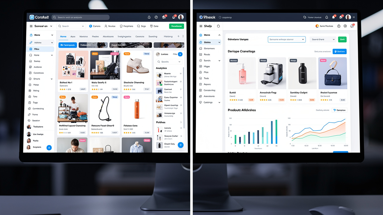 Comparação entre catálogo desorganizado e painel de e-commerce automatizado e organizado