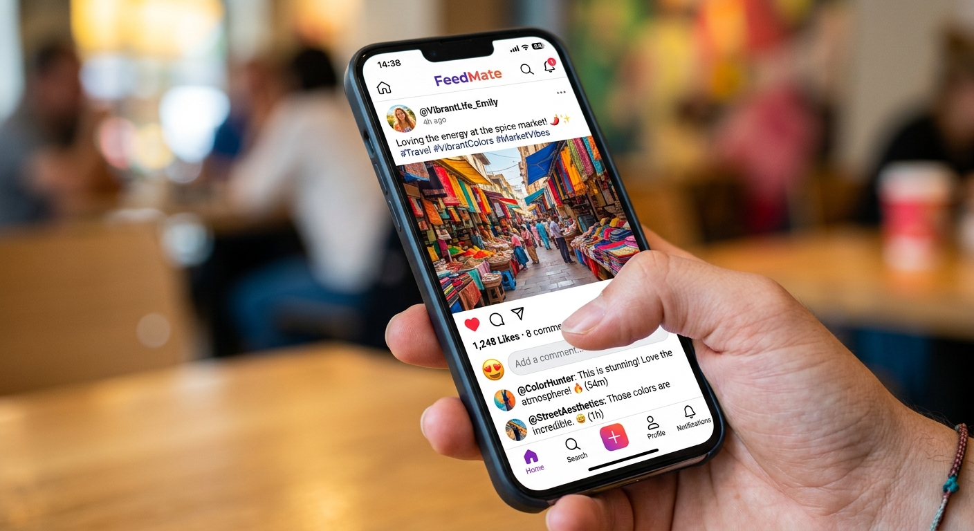 Mão segurando um celular que exibe um feed de rede social com ícones de curtidas e comentários