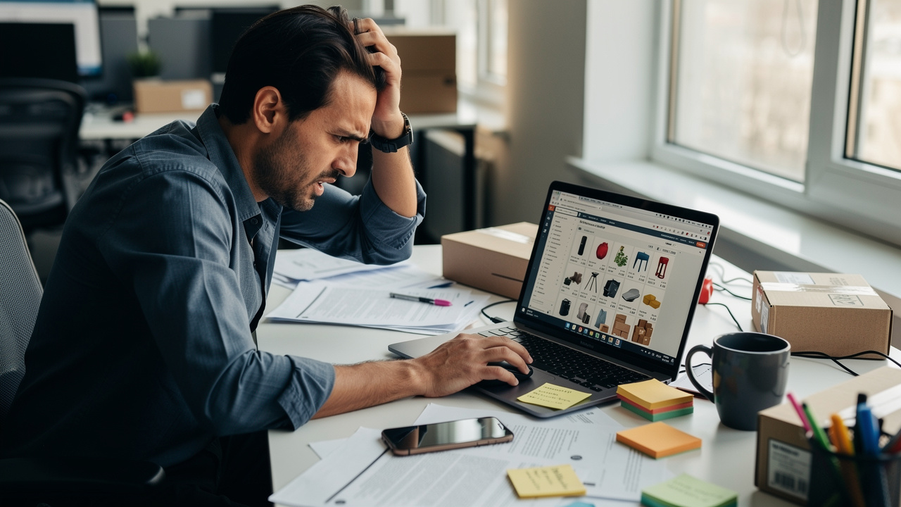 Gestor de loja online frustrado diante de tela com centenas de listagens de produtos