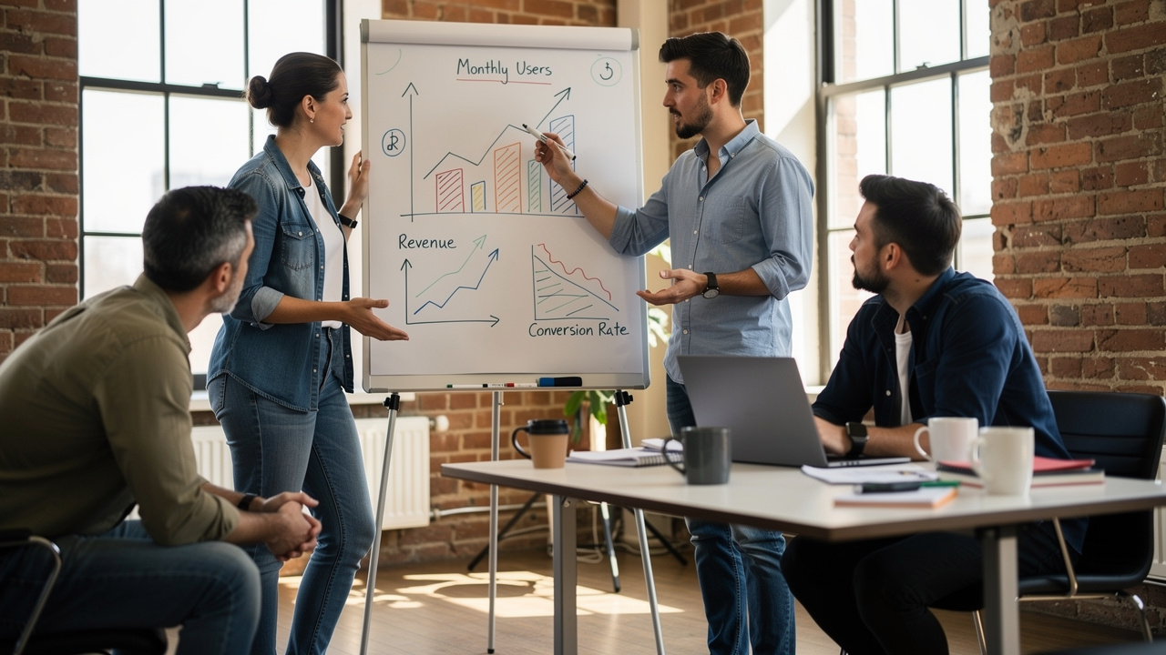 Equipe pequena discutindo métricas de crescimento em quadro branco em escritório de startup