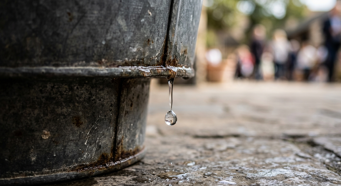 Gota de água solitária vazando de um balde de metal, simbolizando a perda de clientes na retenção.